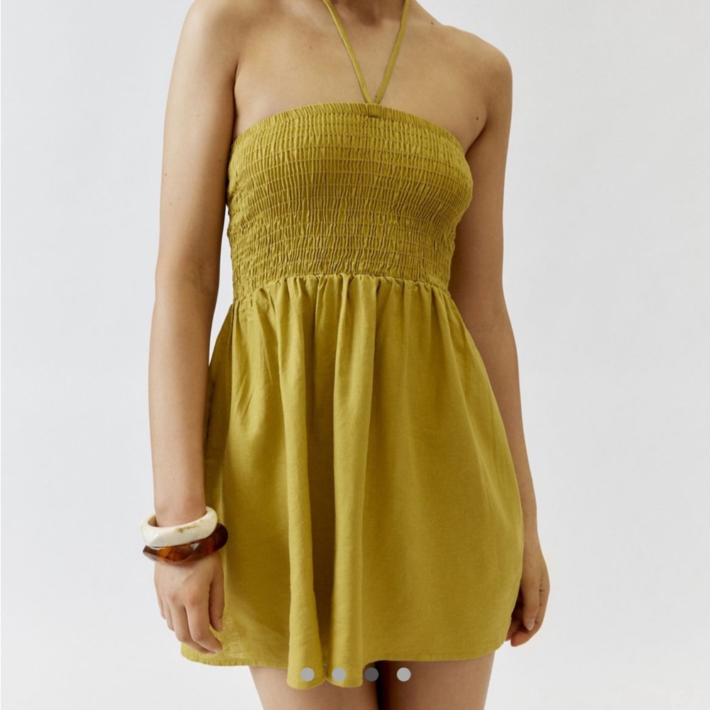 Urban Renewal Strapless Smocked Mini Dress in Olive